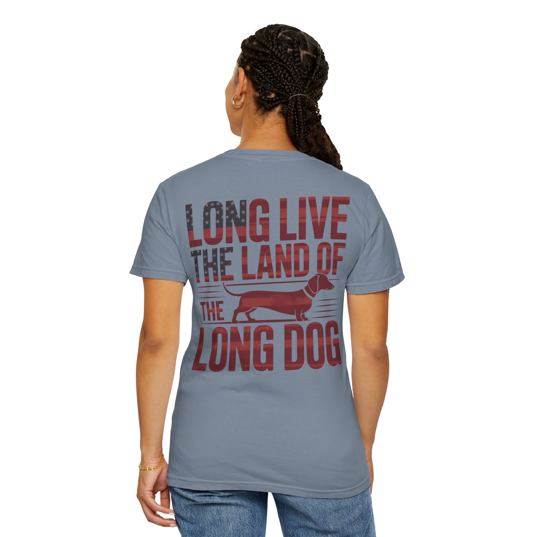 Woman wearing Long Live the Land of the Long Dog patriotic dachshund t-shirt — Doxie League Patriotic Summer Collection