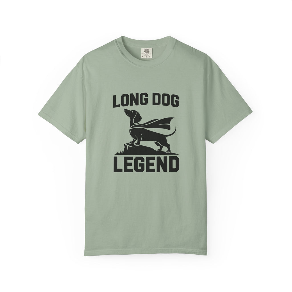 Long Dog Legend dachshund superhero cape graphic t-shirt — attitude wiener dog tee by Doxie League