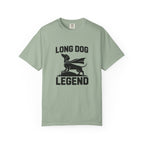 Long Dog Legend dachshund superhero cape graphic t-shirt — attitude wiener dog tee by Doxie League