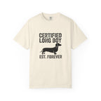 Certified Long Boy Est Forever dachshund graphic t-shirt — wiener dog attitude tee by Doxie League