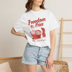 Woman wearing Freedom Fries with a Side of Doxie funny patriotic dachshund t-shirt — Doxie League Patriotic Summer Collection