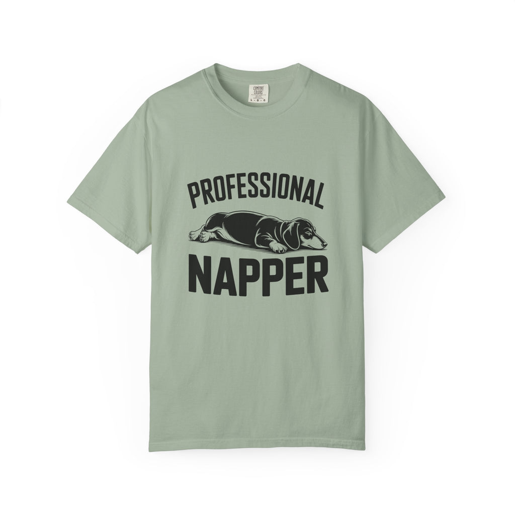 Professional Napper sleeping dachshund graphic t-shirt — funny wiener dog tee by Doxie League
