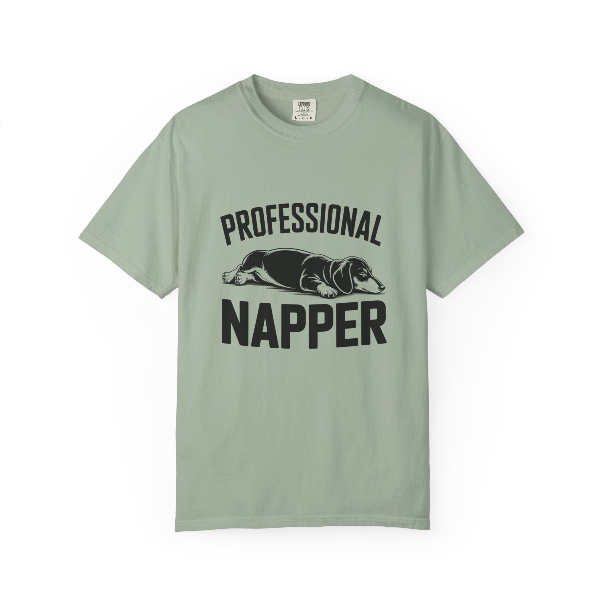 Professional Napper sleeping dachshund graphic t-shirt — funny wiener dog tee by Doxie League