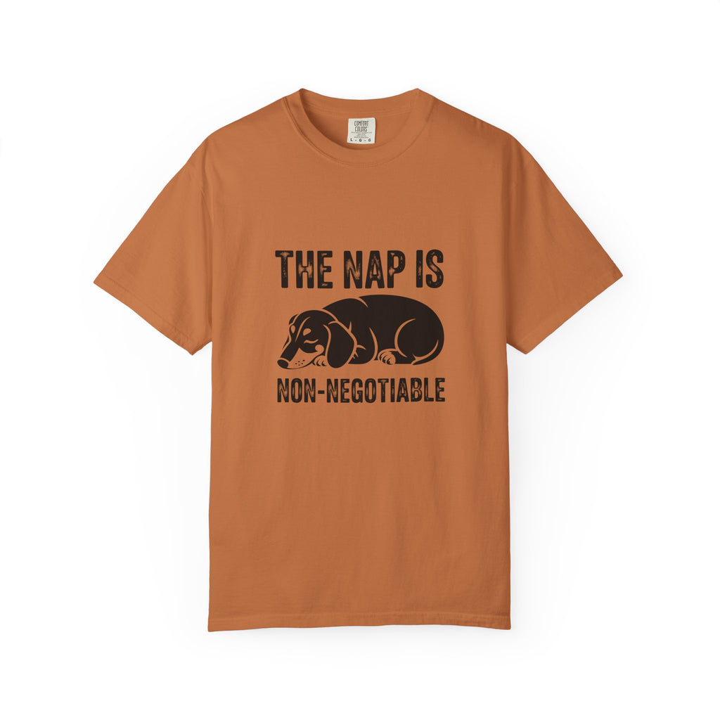 The Nap Is Non Negotiable sleeping dachshund graphic t-shirt — attitude wiener dog tee by Doxie League