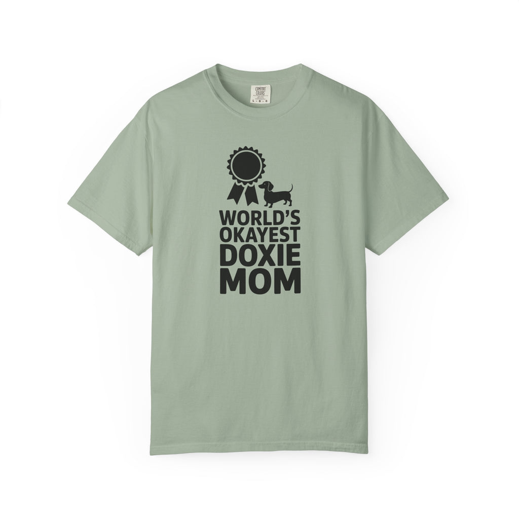 Worlds Okayest Doxie Mom dachshund medal graphic t-shirt — funny doxie mom gift tee by Doxie League