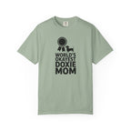 Worlds Okayest Doxie Mom dachshund medal graphic t-shirt — funny doxie mom gift tee by Doxie League