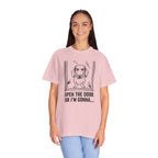Woman wearing Open the Door or I'm Gonna funny angry dachshund t-shirt with scratch marks graphic — Unhinged Collection by Doxie League