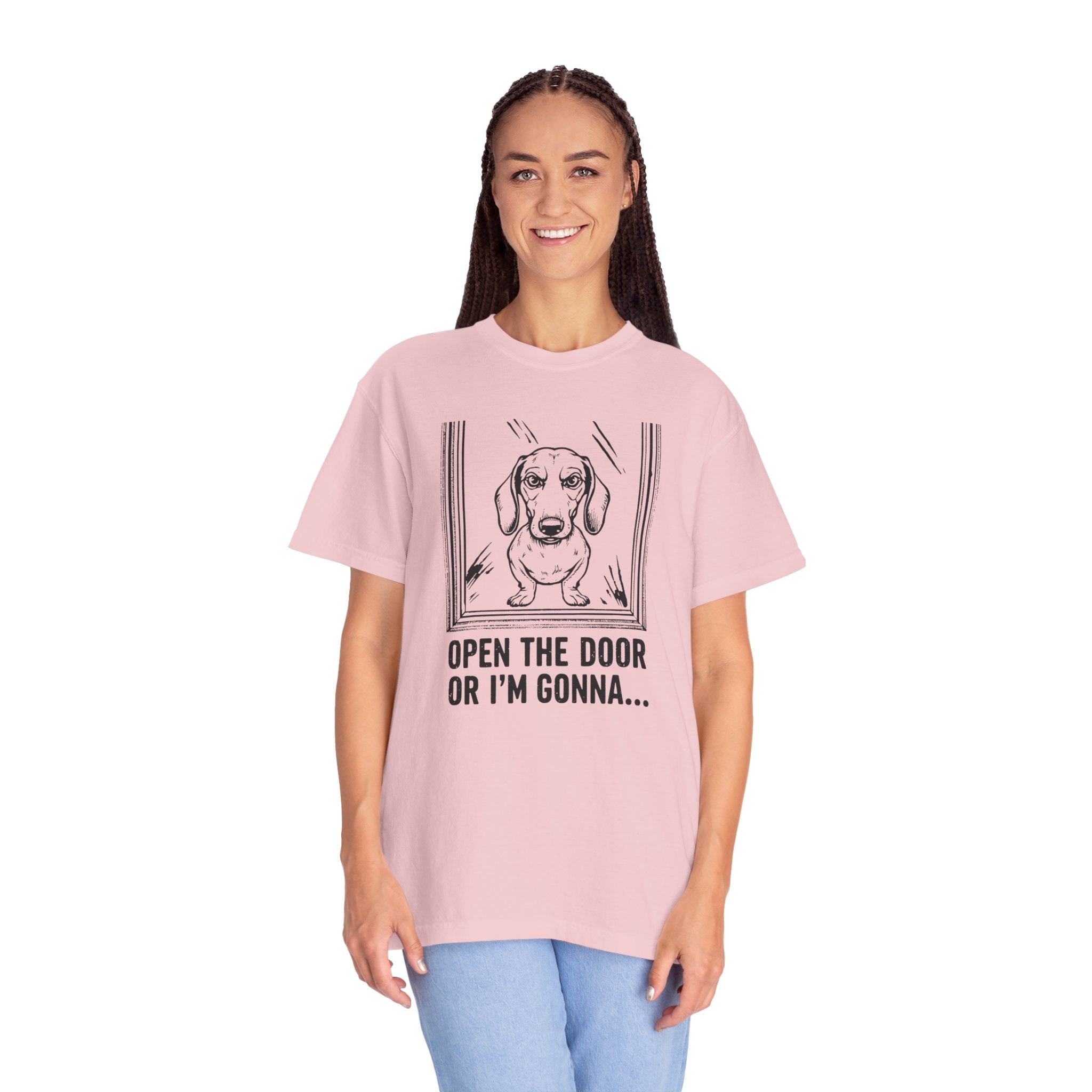 Woman wearing Open the Door or I'm Gonna funny angry dachshund t-shirt with scratch marks graphic — Unhinged Collection by Doxie League