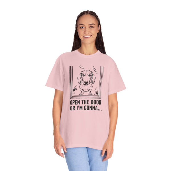 Woman wearing Open the Door or I'm Gonna funny angry dachshund t-shirt with scratch marks graphic — Unhinged Collection by Doxie League