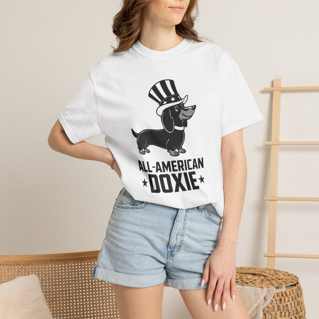 Woman wearing All American Doxie patriotic dachshund t-shirt — Doxie League Patriotic Summer Collection