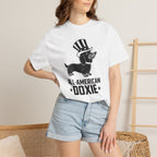 Woman wearing All American Doxie patriotic dachshund t-shirt — Doxie League Patriotic Summer Collection