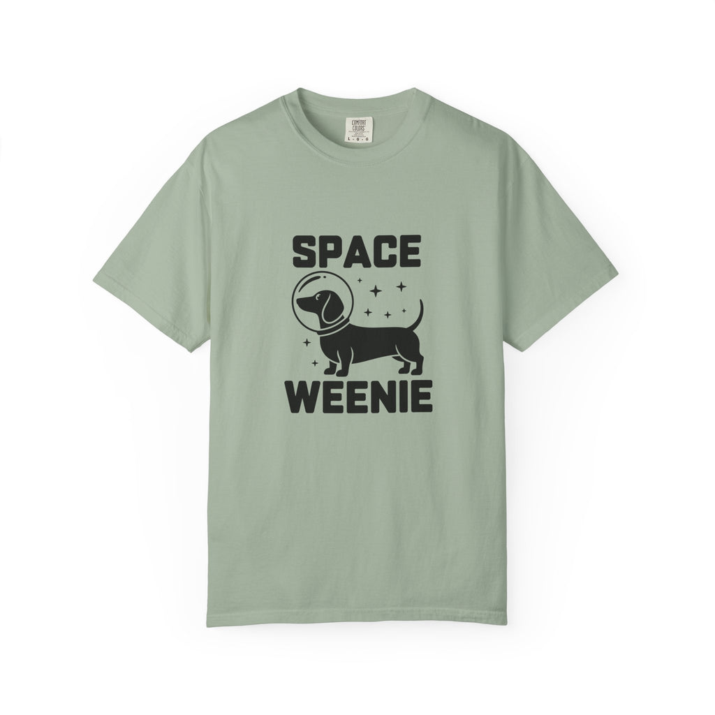 Space Weenie dachshund space helmet stars graphic t-shirt — cosmic attitude wiener dog tee by Doxie League