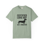 Certified Long Boy Est Forever dachshund graphic t-shirt — wiener dog attitude tee by Doxie League
