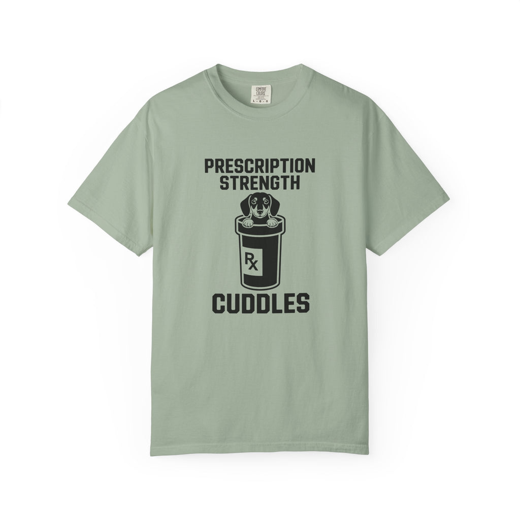 Prescription Strength Cuddles dachshund pill bottle graphic t-shirt — funny wiener dog healthcare tee by Doxie League"