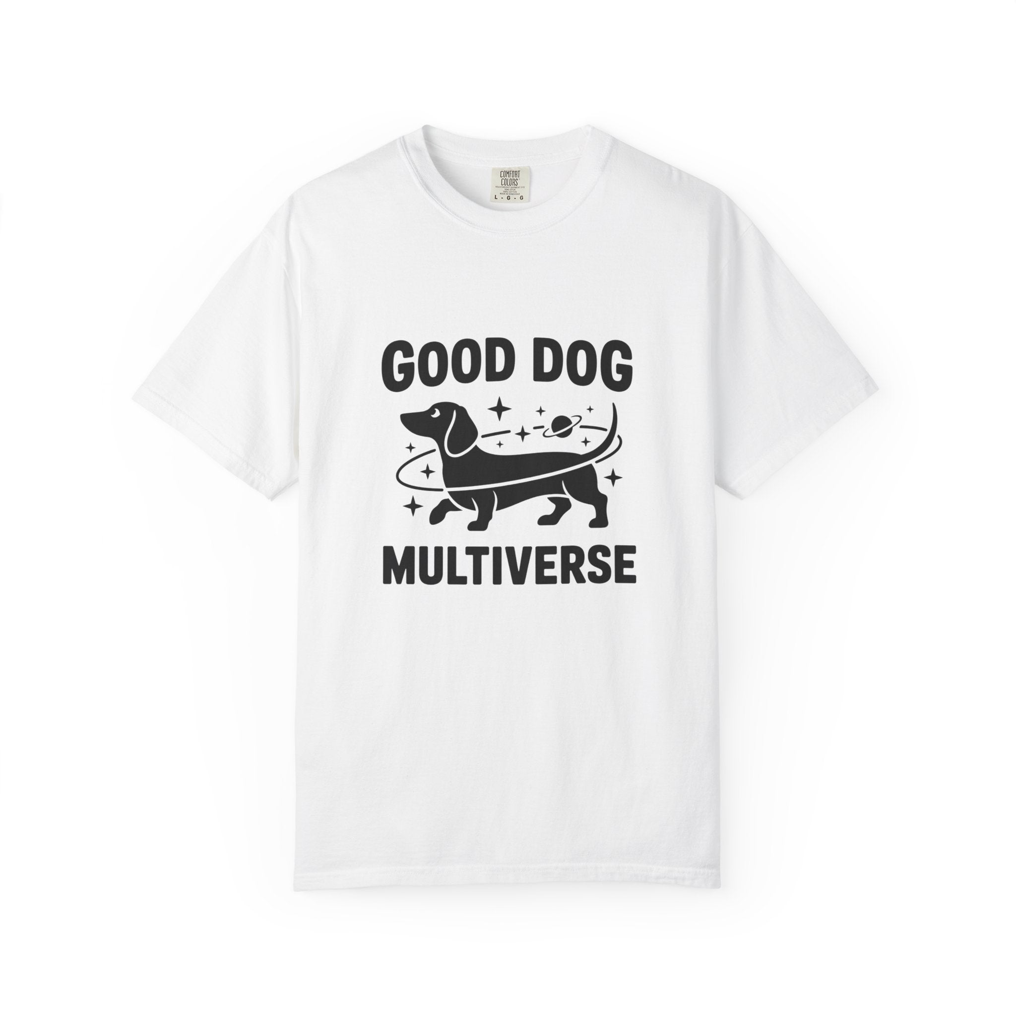 Good Dog Multiverse dachshund planets cosmic graphic t-shirt — attitude wiener dog tee by Doxie League