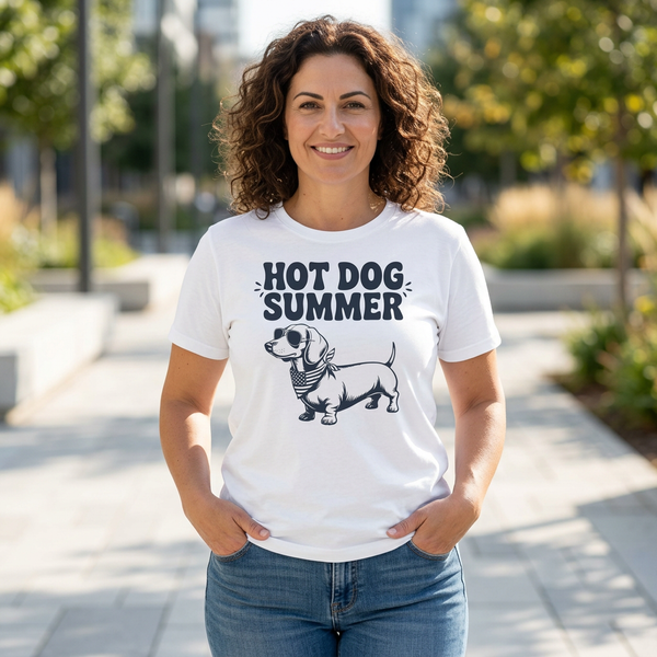 Woman wearing Hot Dog Summer patriotic dachshund t-shirt with aviator sunglasses and flag bandana — Doxie League Patriotic Summer Collection