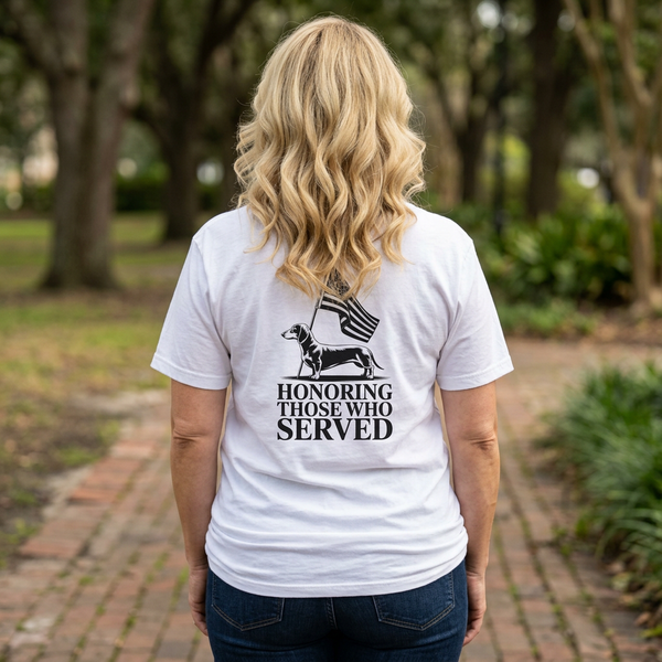 Woman wearing Honoring Those Who Served patriotic military dachshund t-shirt with flag — Doxie League Patriotic Summer Collection