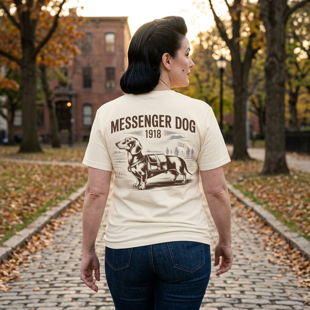 Woman wearing Messenger Dog patriotic military dachshund t-shirt with army graphic — Doxie League Patriotic Summer Collection