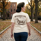 Woman wearing Messenger Dog patriotic military dachshund t-shirt with army graphic — Doxie League Patriotic Summer Collection