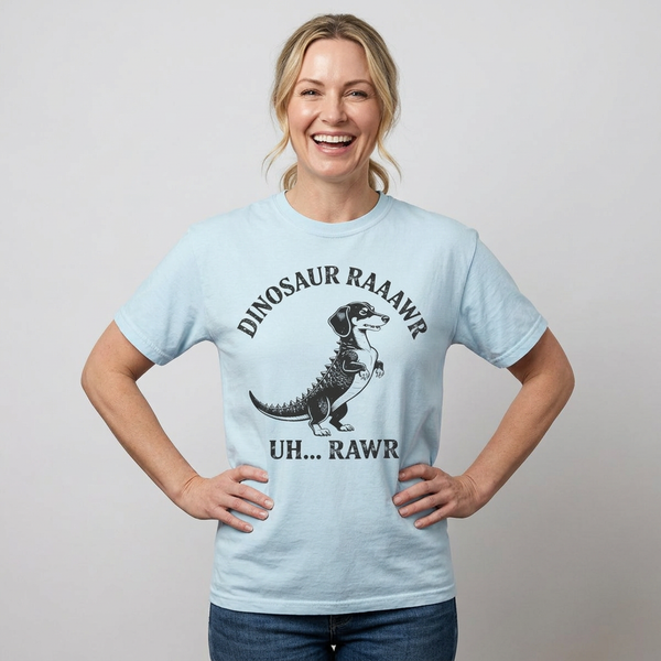Woman wearing Doxie-Saurus funny dinosaur dachshund t-shirt — Unhinged Collection by Doxie League