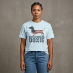 Woman wearing Star Spangled Doxie patriotic American flag dachshund t-shirt — Doxie League Patriotic Summer Collection