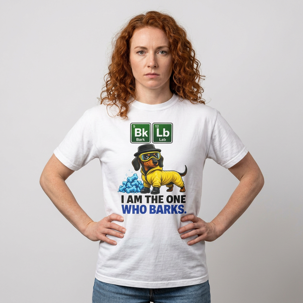 Woman wearing I Am The One Who Barks dachshund t-shirt — funny dachshund tee from The Unhinged Collection by Doxie League