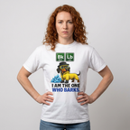 Woman wearing I Am The One Who Barks dachshund t-shirt — funny dachshund tee from The Unhinged Collection by Doxie League