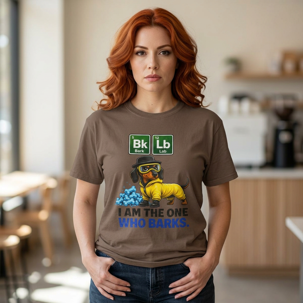 Woman wearing I Am The One Who Barks dachshund t-shirt — funny dachshund tee from The Unhinged Collection by Doxie League