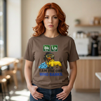 Woman wearing I Am The One Who Barks dachshund t-shirt — funny dachshund tee from The Unhinged Collection by Doxie League