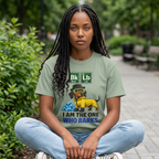 Woman wearing I Am The One Who Barks dachshund t-shirt — funny dachshund tee from The Unhinged Collection by Doxie League