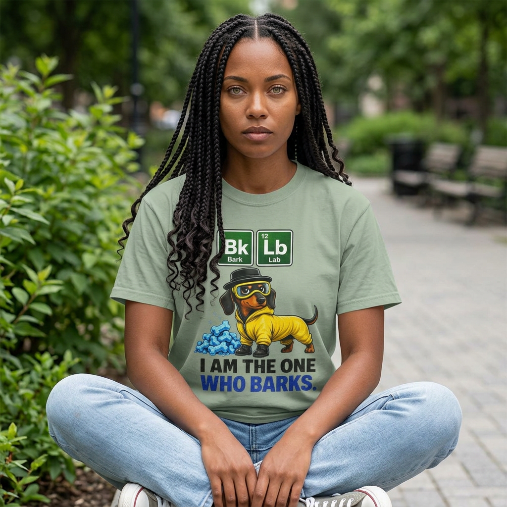 Woman wearing I Am The One Who Barks dachshund t-shirt — funny dachshund tee from The Unhinged Collection by Doxie League