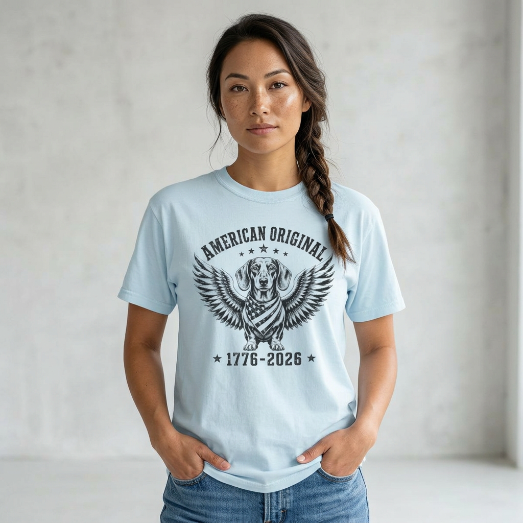 Woman wearing chambray blue Comfort Colors t-shirt featuring 
black graphic of a dachshund with eagle wings spread wide and 
American flag bandana, text reading American Original 1776-2026, 
hands in pockets relaxed pose
