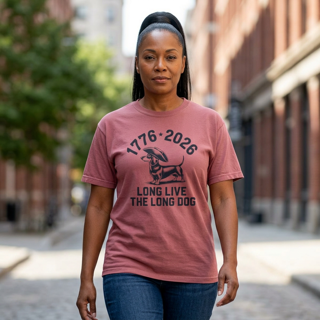 Woman wearing mauve Comfort Colors t-shirt with black graphic 
of a dachshund in a colonial tricorn hat, text reading 
1776-2026 Long Live The Long Dog, walking confidently on 
urban brick street