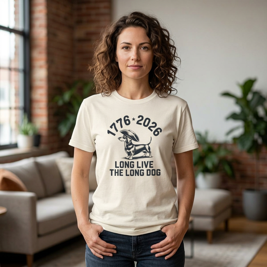 Woman wearing ivory Comfort Colors t-shirt with navy dachshund 
tricorn hat 250th anniversary graphic, 1776-2026 Long Live 
The Long Dog design, indoor lifestyle setting