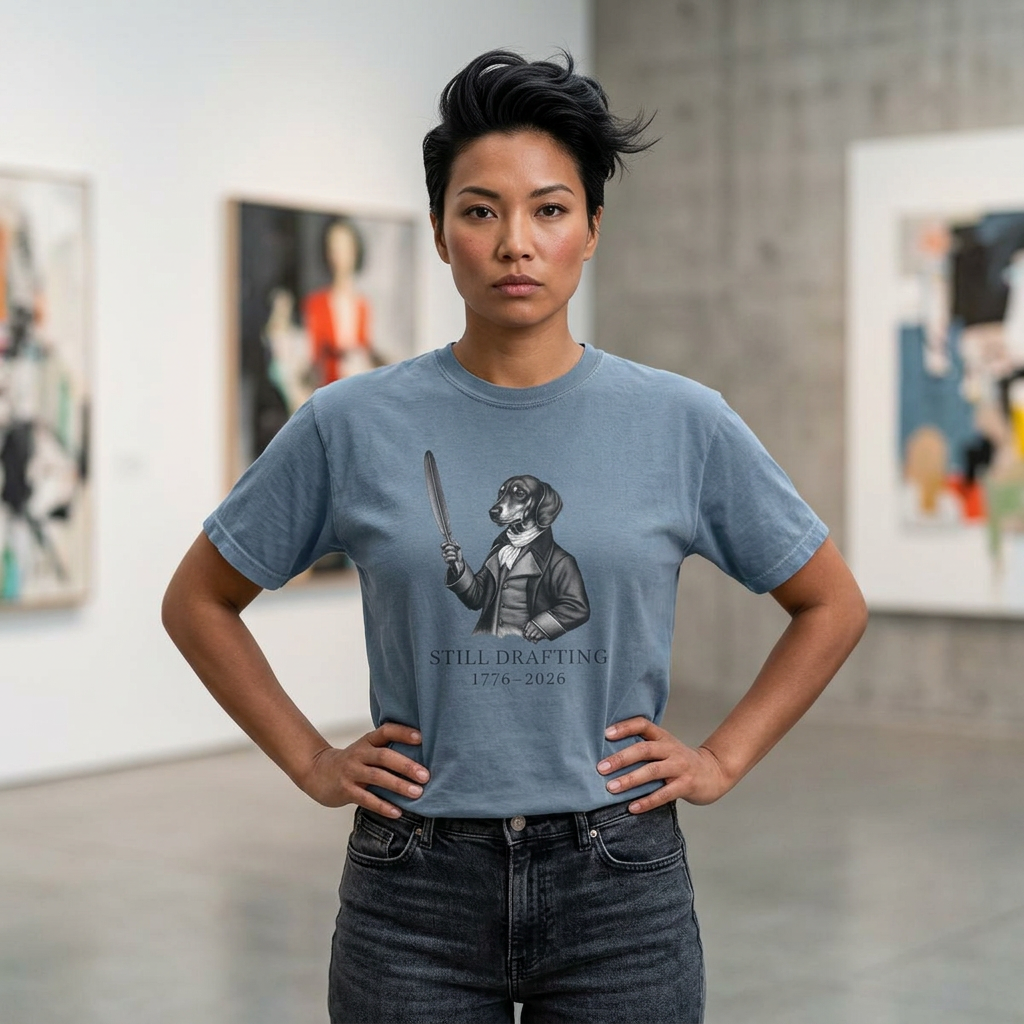Woman in blue slate Comfort Colors t-shirt with engraving 
style graphic of a dachshund dressed as a Founding Father 
in colonial coat holding a quill, text reading Still Drafting 
1776-2026, standing confidently in art gallery setting