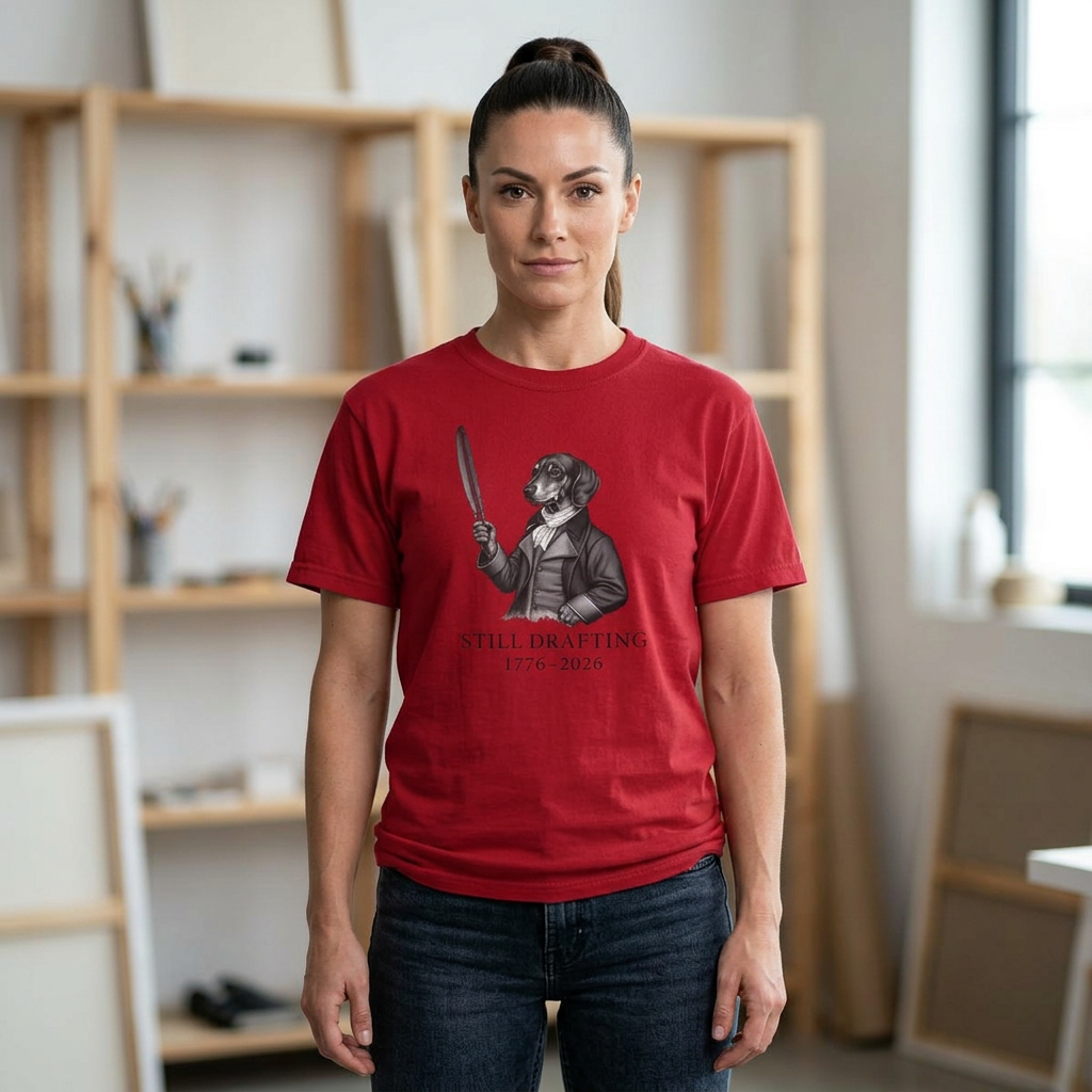 Woman wearing red Comfort Colors t-shirt featuring dachshund 
Founding Father portrait graphic with Still Drafting 1776-2026 
text, studio lifestyle setting