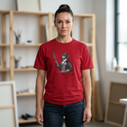 Woman wearing red Comfort Colors t-shirt featuring dachshund 
Founding Father portrait graphic with Still Drafting 1776-2026 
text, studio lifestyle setting