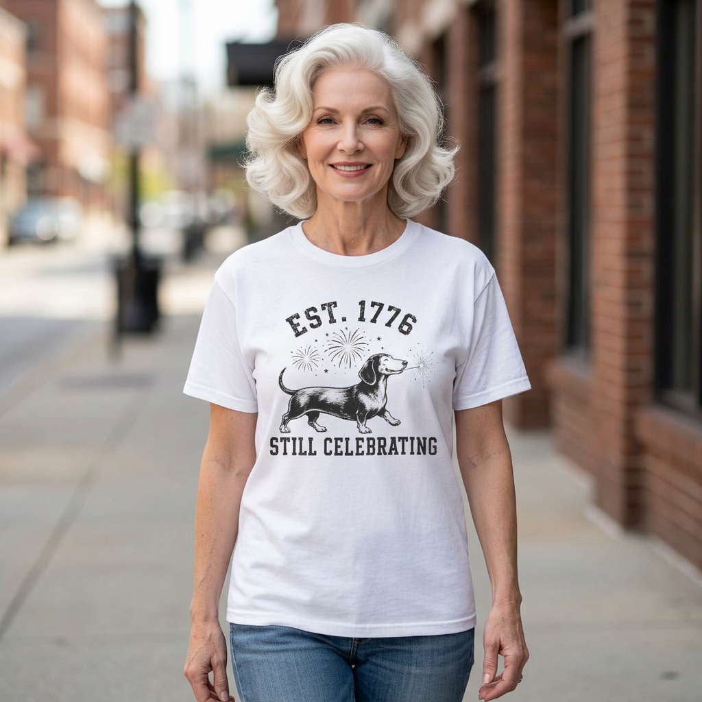 Est. 1776 Still Celebrating — Dachshund Sparkler Patriotic T-Shirt | America 250th