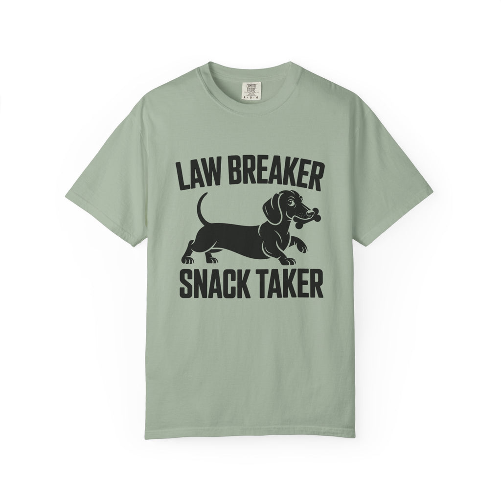Law Breaker Snack Taker dachshund bone graphic t-shirt — attitude wiener dog tee by Doxie League