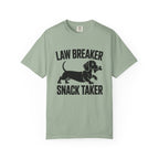 Law Breaker Snack Taker dachshund bone graphic t-shirt — attitude wiener dog tee by Doxie League