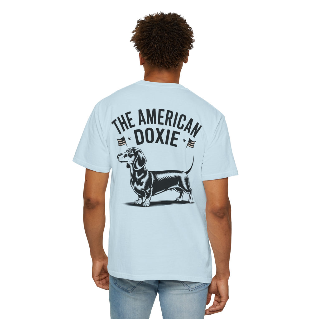 Man wearing American Doxie patriotic dachshund t-shirt with flag design — Doxie League Patriotic Summer Collection