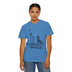 Woman wearing Liberty Doxie patriotic Statue of Liberty dachshund t-shirt — Doxie League Patriotic Summer Collection