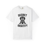 Secret Identity dachshund superhero cape mask graphic t-shirt — attitude wiener dog tee by Doxie League