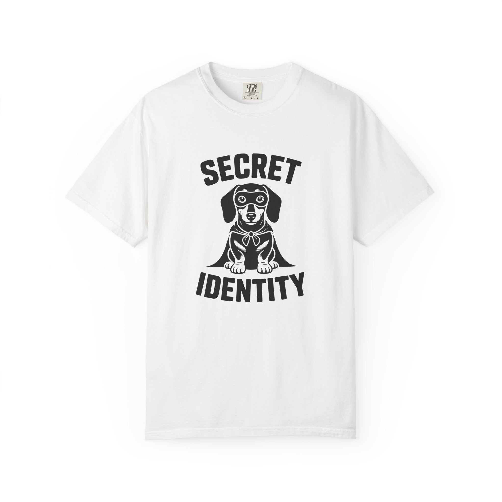 Secret Identity dachshund superhero cape mask graphic t-shirt — attitude wiener dog tee by Doxie League