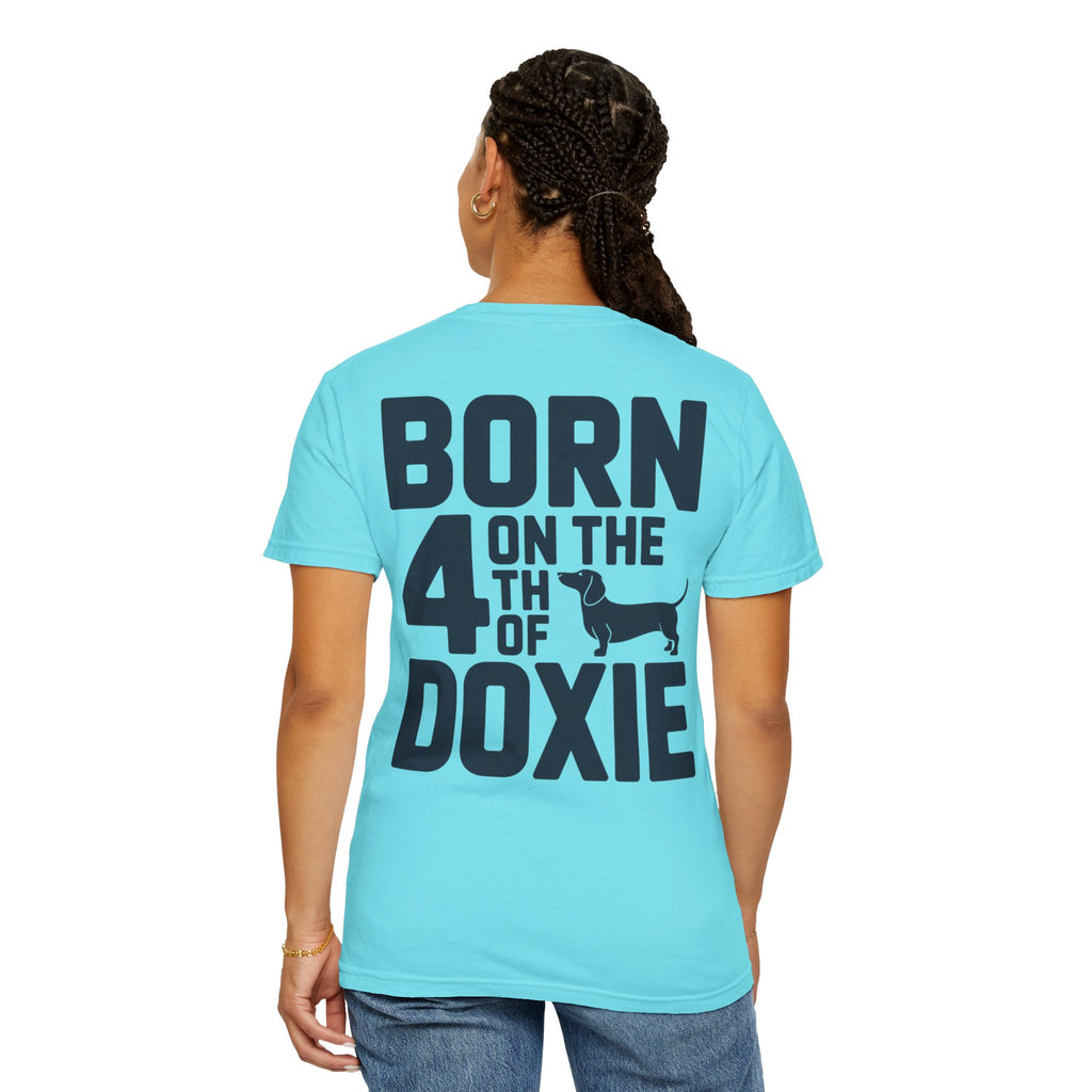 Woman wearing Born on the 4th of the Doxie patriotic dachshund t-shirt — Doxie League Patriotic Summer Collection