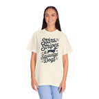 Woman wearing Stars Stripes and Sausage Dogs patriotic cursive dachshund t-shirt — Doxie League Patriotic Summer Collection