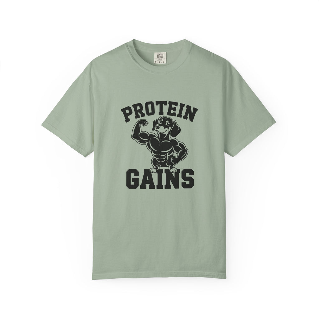 Protein Gains muscle flexing dachshund graphic t-shirt — funny wiener dog gym tee by Doxie League