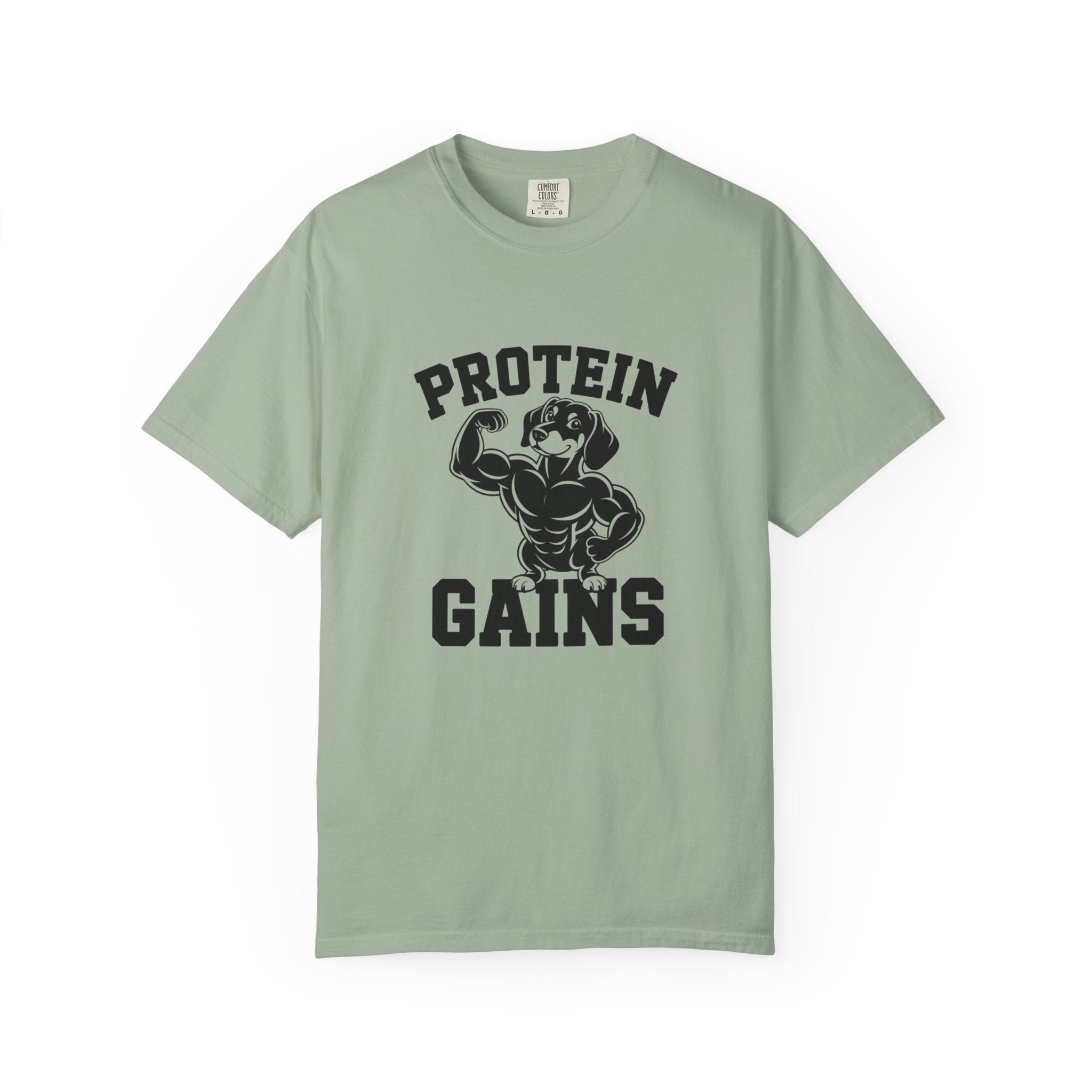 Protein Gains muscle flexing dachshund graphic t-shirt — funny wiener dog gym tee by Doxie League