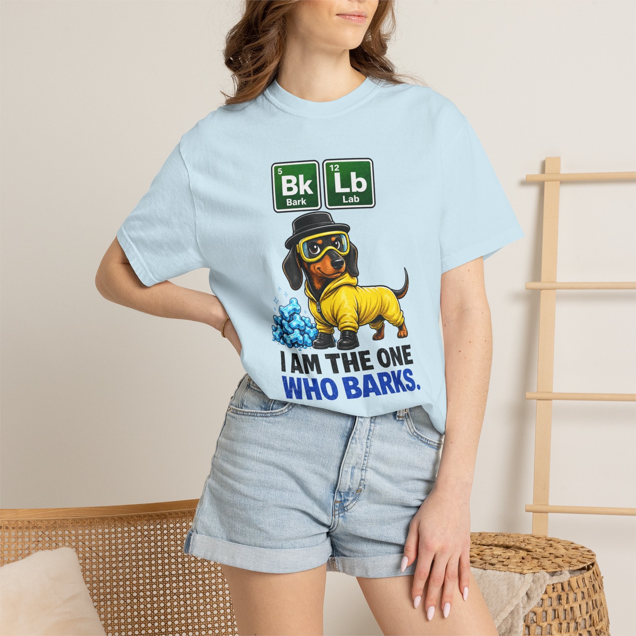 Woman wearing I Am The One Who Barks dachshund t-shirt — funny dachshund tee from The Unhinged Collection by Doxie League