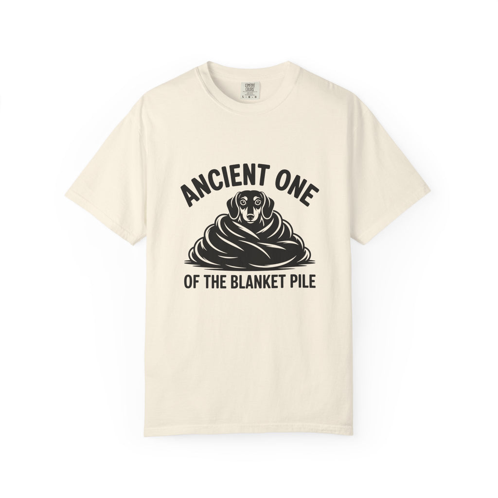 Ancient One of the Blanket Pile dachshund t-shirt — wiener dog burrow humor tee by Doxie League
